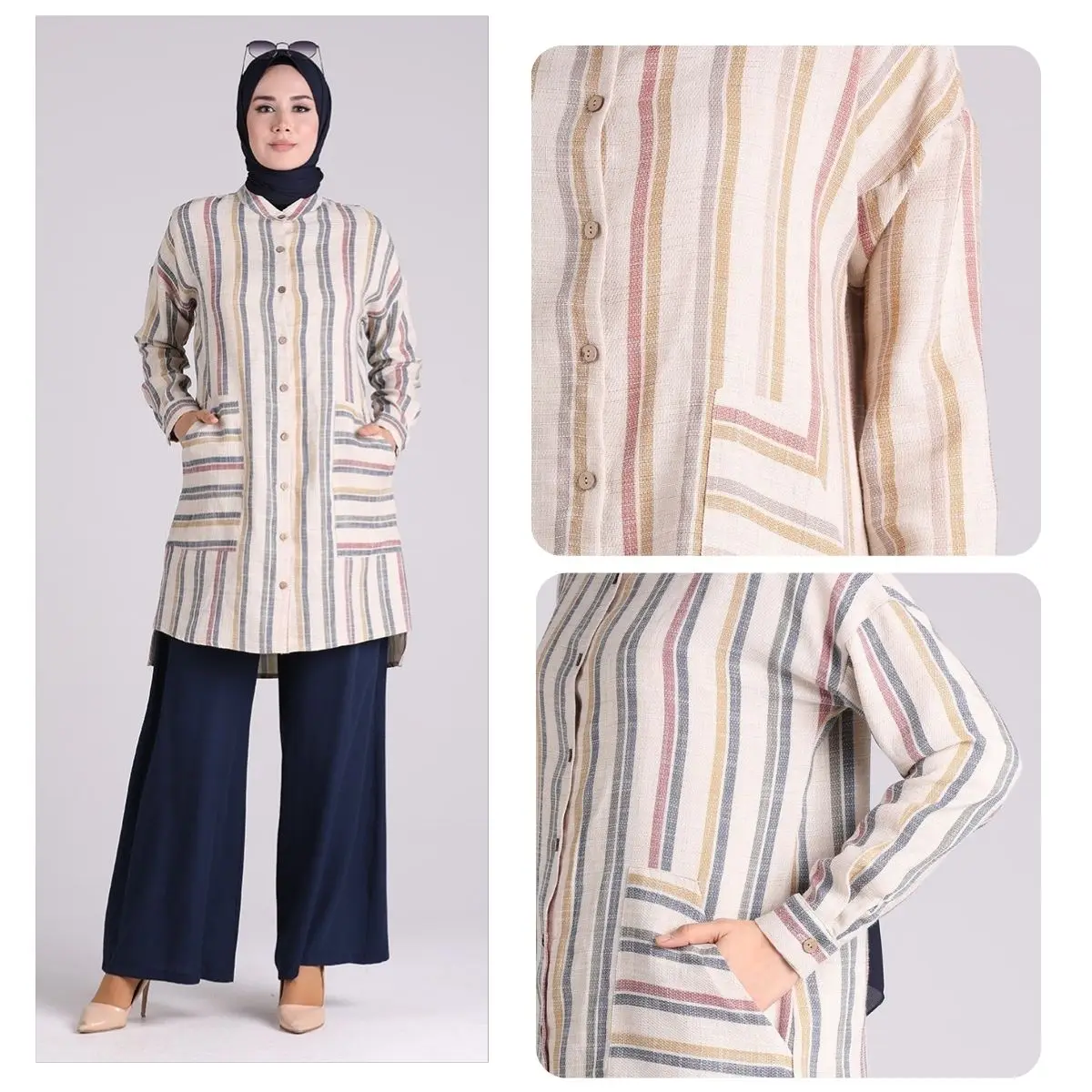 

Striped Linen Shirt with Pockets Buttons Unlined Stand-up Collar Long Sleeve Casual Summer Women Muslim Fashion Hijab Clothing S