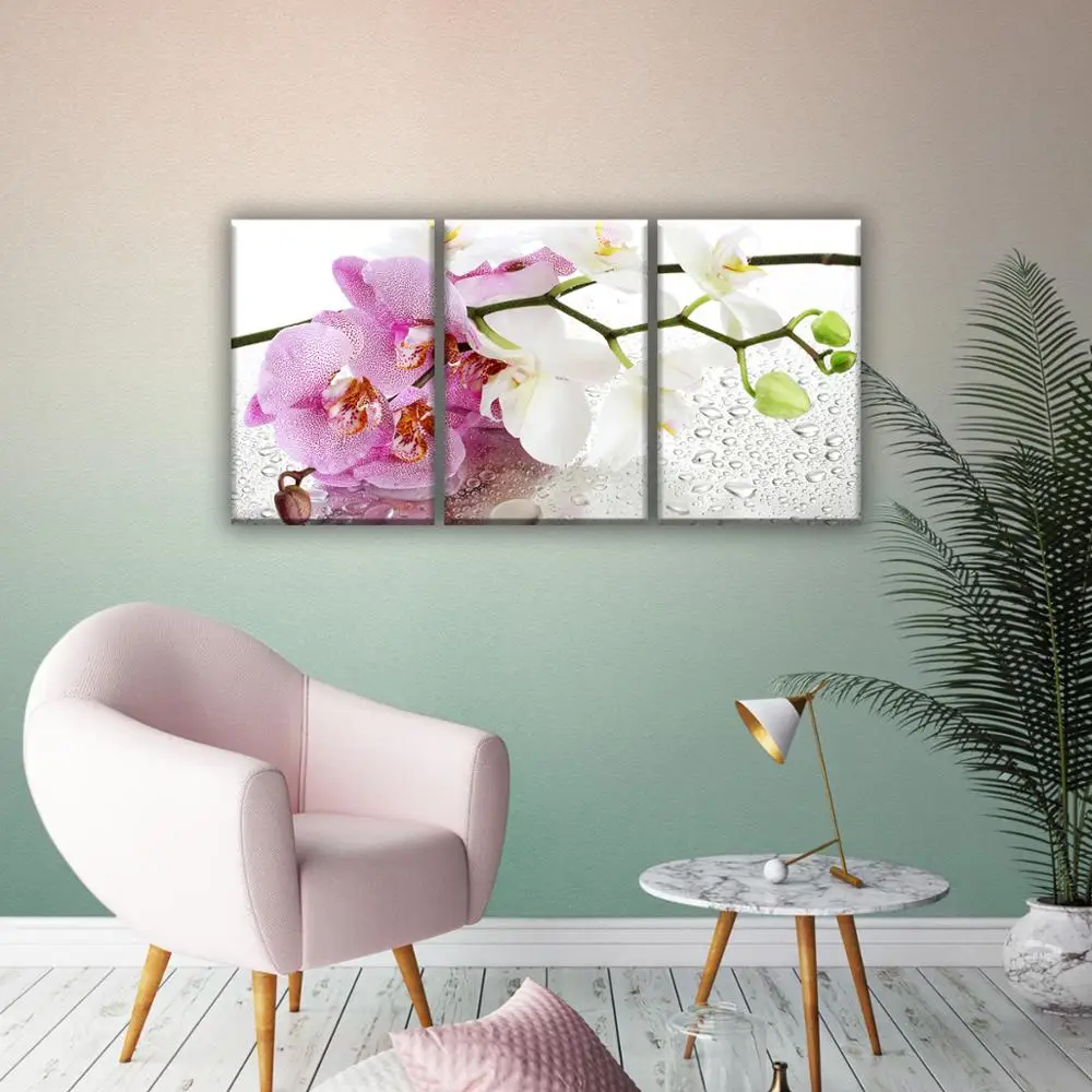 Орхидея с каплями цветы ветка орхидеи. Модульная картина на холсте 3 модуля