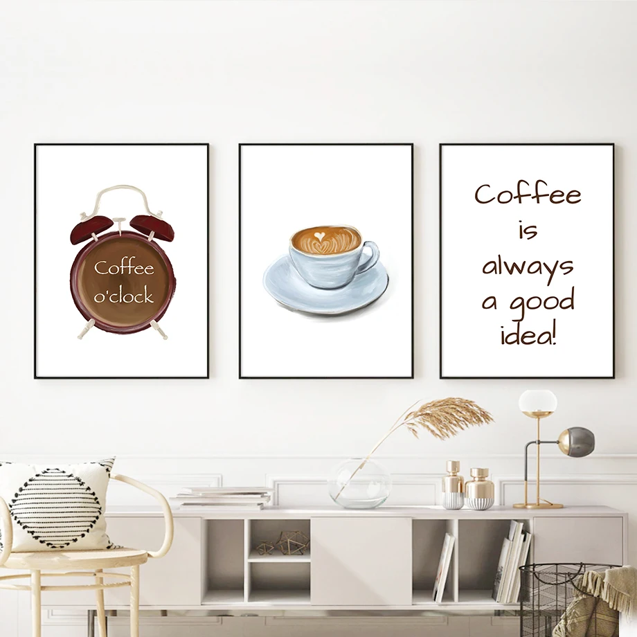 

Alarm Clock Watercolor Coffee Time Cup Art Nordic Canvas Painting Posters And Prints Wall Pictures Living Room Bar Shop Decor