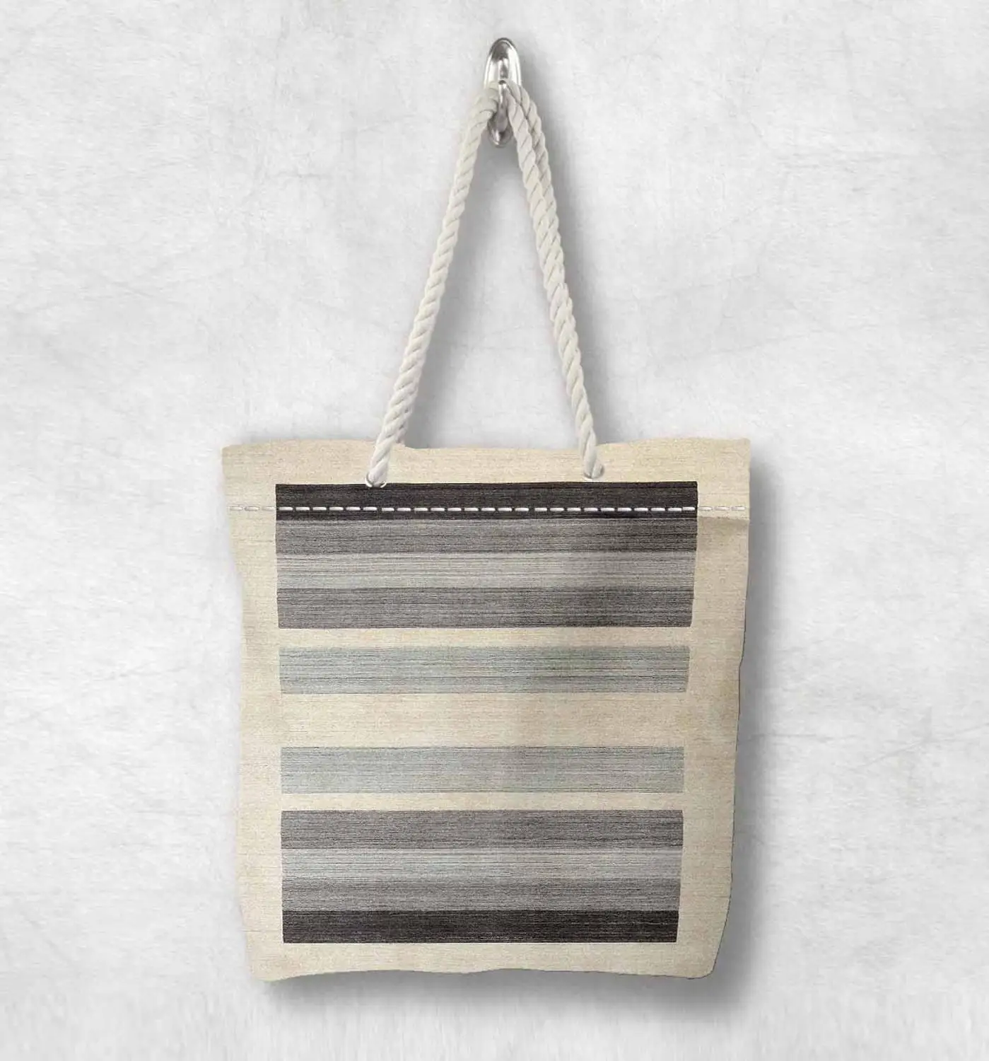 

Else Gray Black Beige Lines Geometric New Fashion White Rope Handle Canvas Bag Cotton Canvas Zippered Tote Bag Shoulder Bag