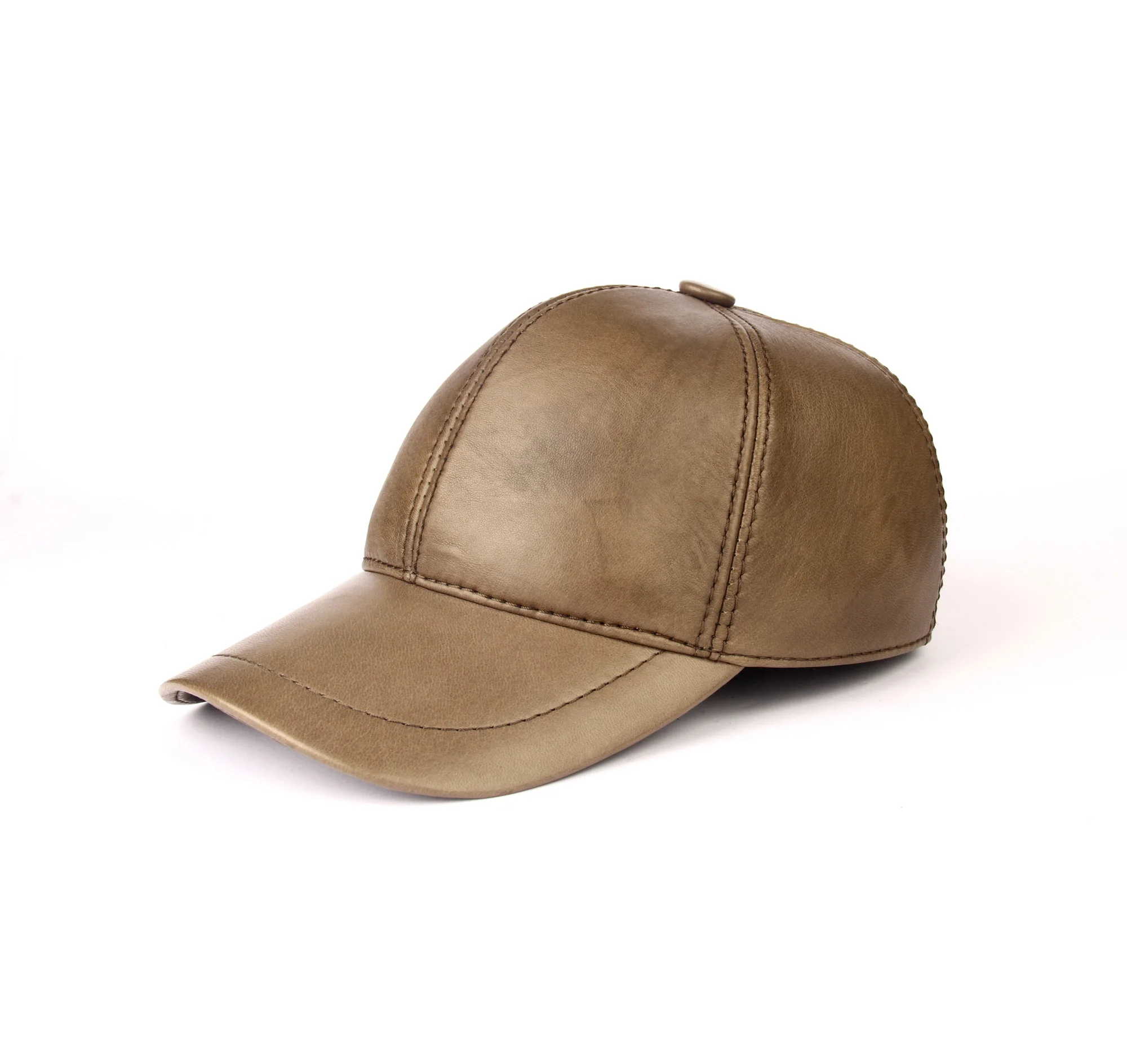 Handmade Olive Beige Khaki Baseball Caps for Cold Winter Autumn with Real Sheep Skin Leather, Woolen Fur Inside, Ear Covers,