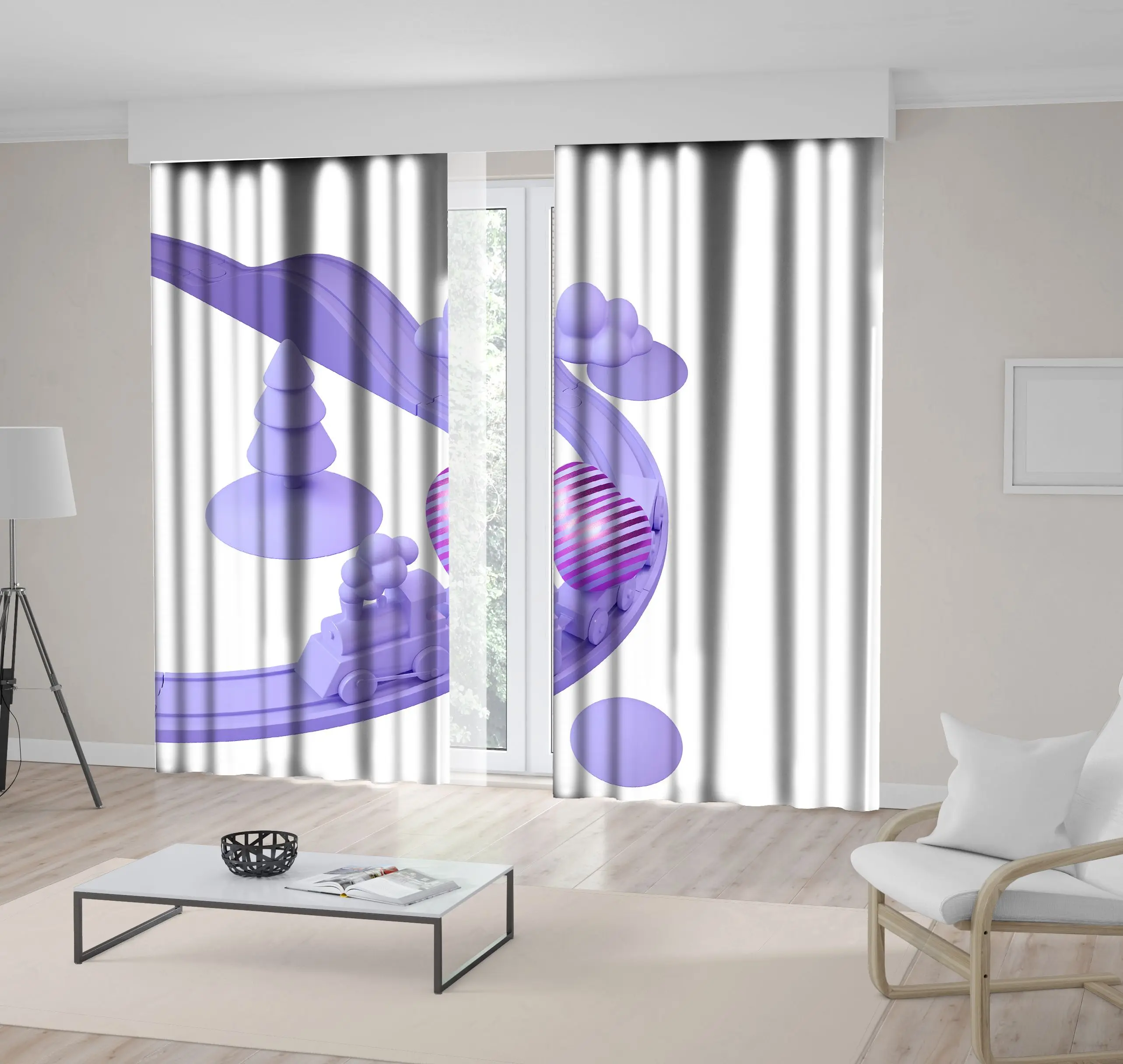 

Curtain Love Train with Striped Heart Tree and Clouds Toy Cartoon Fun Art Illustration Printed Purple