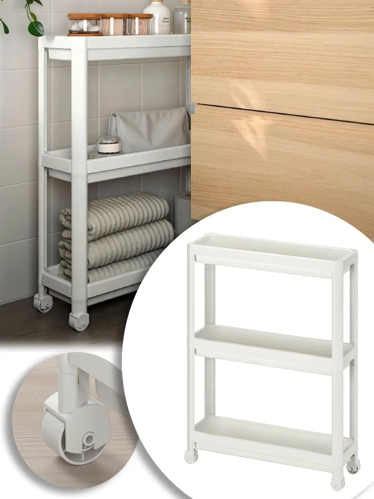 

3 Tiers Slim Narrow Shelf Closet Stand Wheeled Portable Organizer Space Saving Bathroom Kitchen Bedroom Office Side Partition