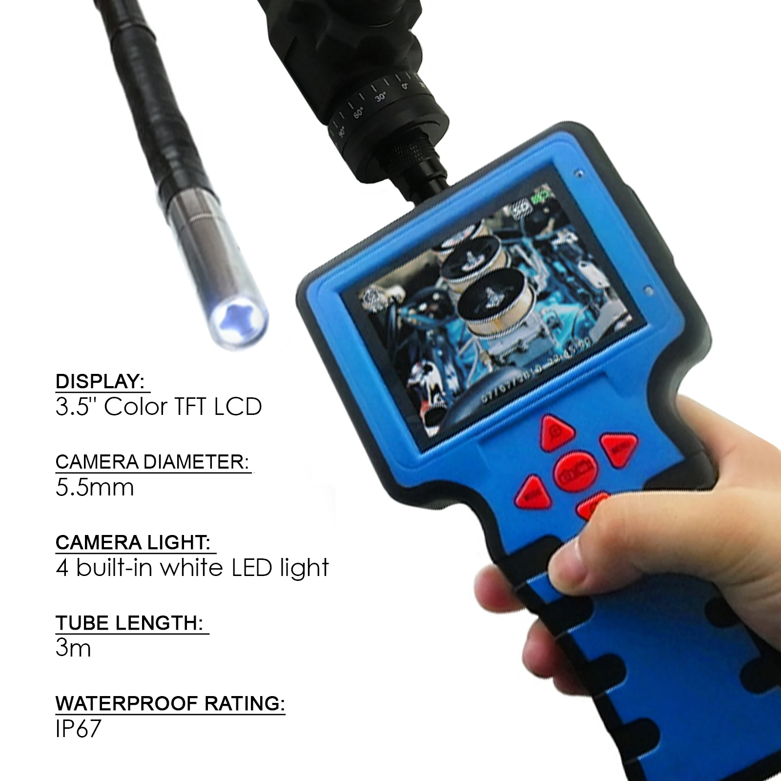 Промышленный эндоскоп Borescope с двойным вращением диаметр 5 мм 4 светодиодных лампы