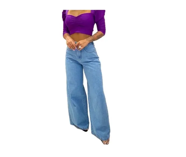 Calça Jeans Feminino Wide Leg Pantalona Retrô Perfeita Moda 1