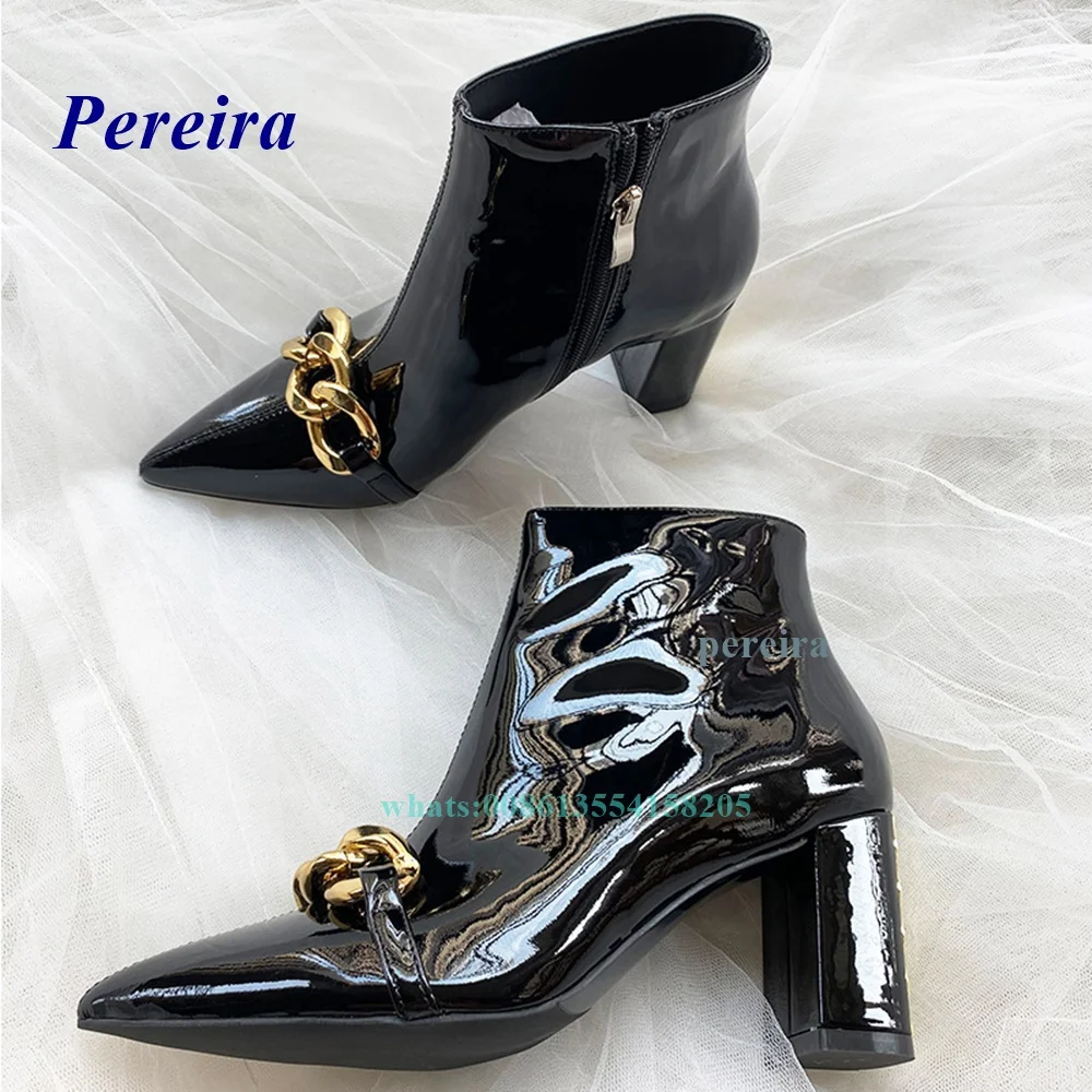 2022 New Black Patent Leather Boots Pointed Toe Chain Chunky Heel Boots Ankle Side Zip Spring Autumn Womens Shoes Casual Sexy
