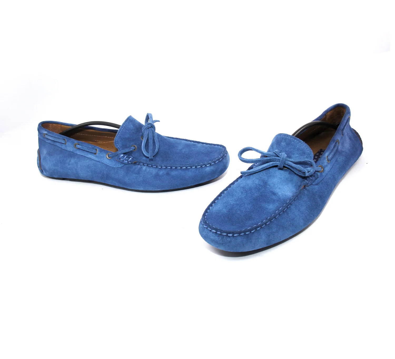 

Handmade Blue Suede Moccasins, Men's Flexible Comfort Casual Shoes, Party Fashion Set, Bold Color, Non Slip Rubber Sole, Spring