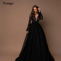 verngo 2021 modern black evening dresses long sleeves lace tulle v neck prom gowns maxi women blush pink elegant party dresses