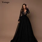 Черное вечернее платье-макси из тюля, с длинным рукавом и V-образным вырезом
