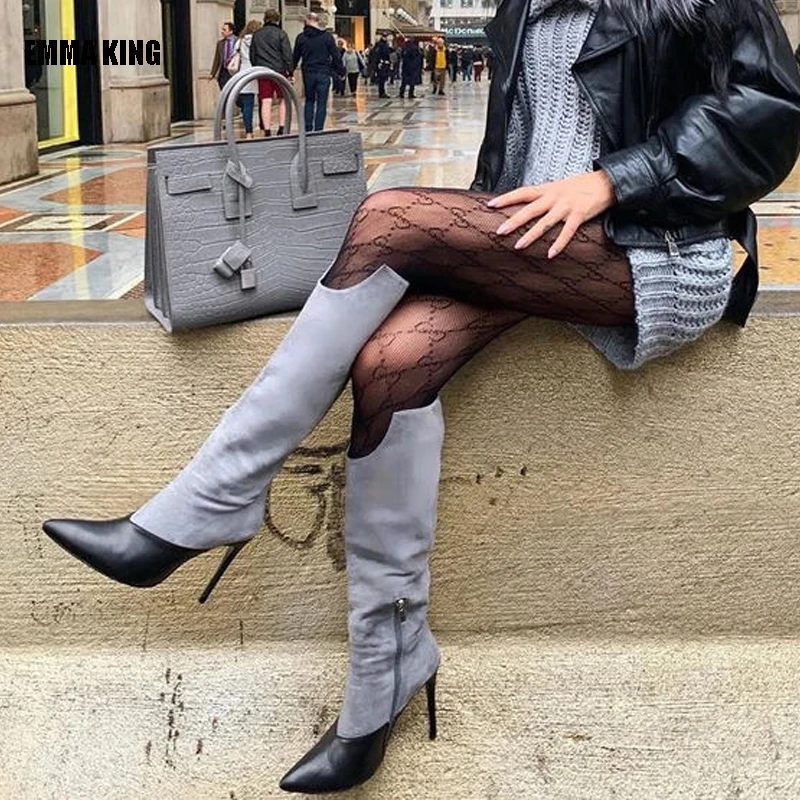 

Autumn/Winter Women Over The Knee Boots Fashion Sexy Blue Black/grey Patchwork Boots Lady Pointed Toe Stiletto Women's High Boot