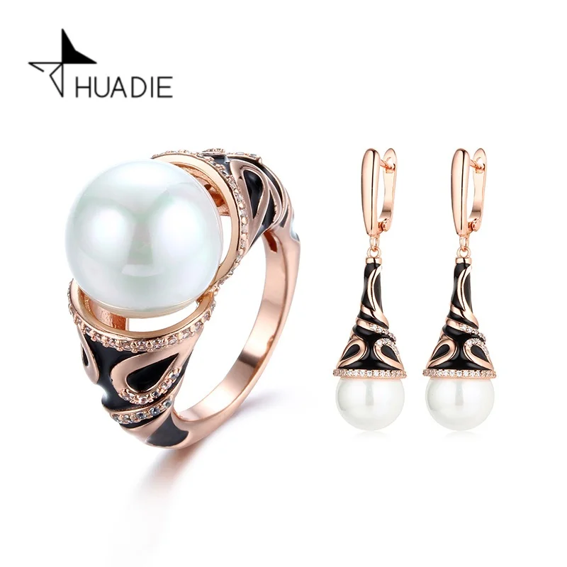 HUADIE набор ювелирных изделий с жемчугом эмалью цирконием. Женские длинные висячие