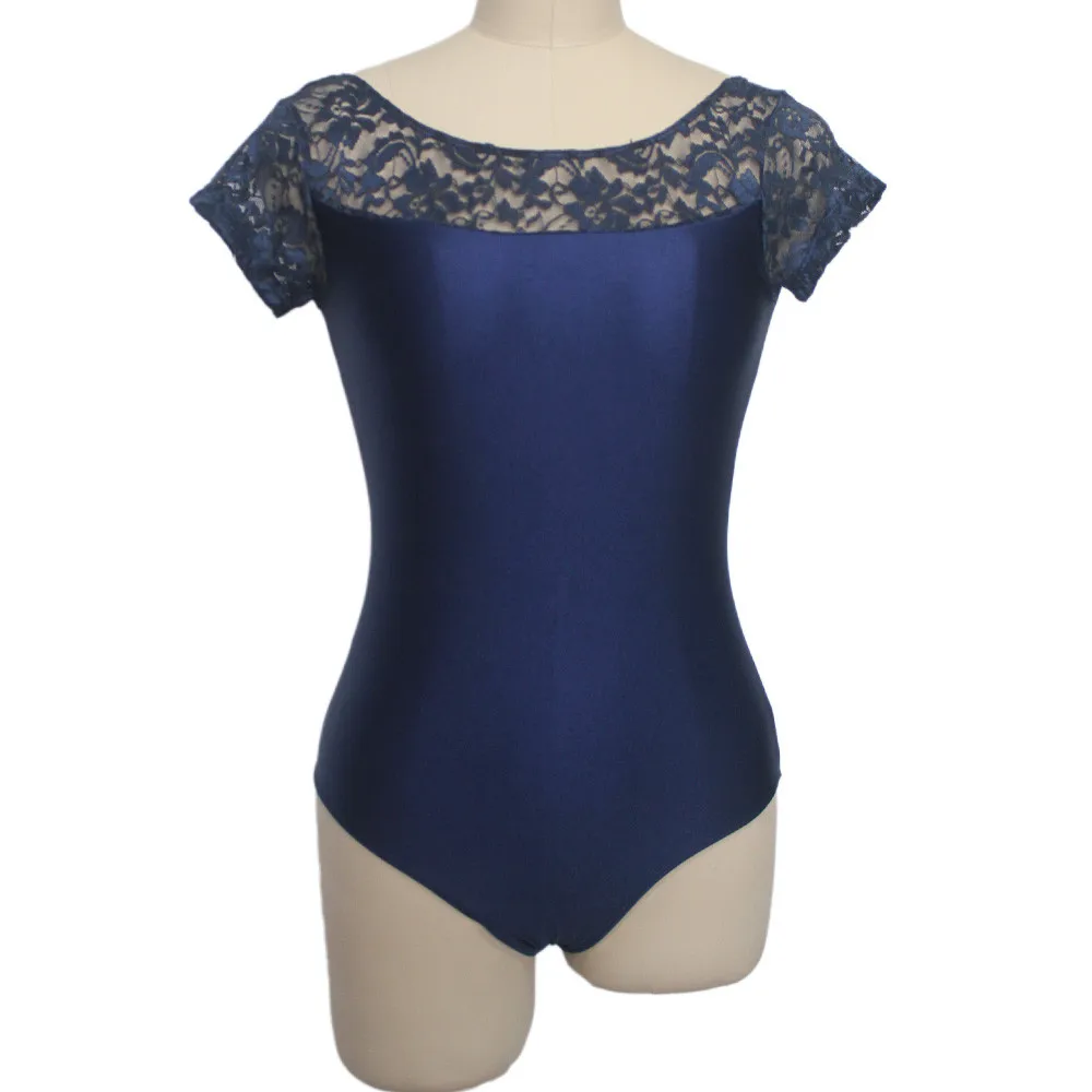 Navy Blue Черный блестящий нейлон/лайкра балетные трико с кружевной крышкой рукав девушки танцевальный костюм детская одежда для спортивной гимнастики - Цвет: Navy Blue