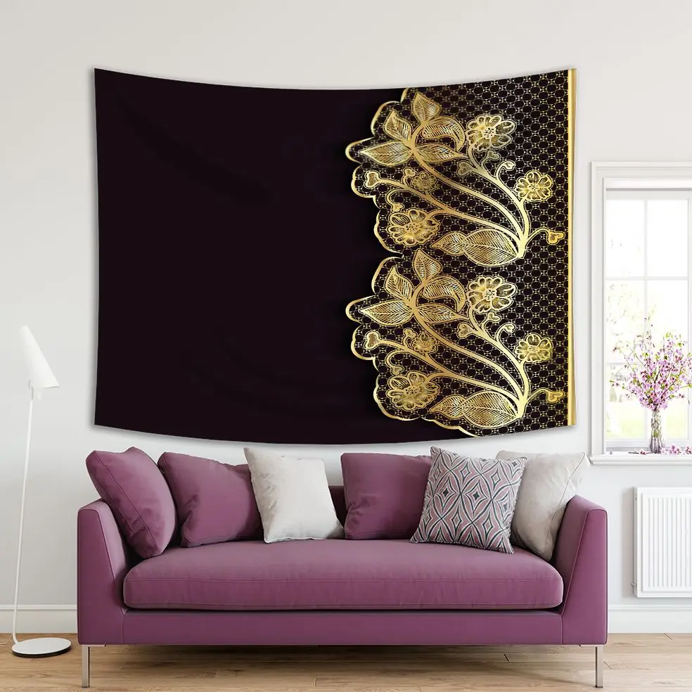 

Tapestry Golden Lace with Flower Branches Leaves Pattern Ornate on Dark Background Antique Floral Artwork Printed