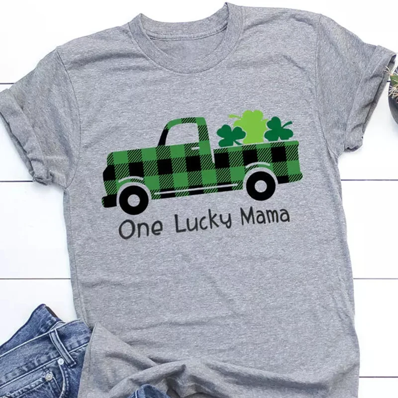 

One Lucky Mama Shamrock T-Shirt Round Neck Zipper T-Shirt Blouse Casual Loose Ladies Street Tops Tee Shirt
