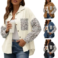 women corduroy long sleeve shirt outerwear jacket leopard print patchwork casual retro stand collar irregular hem loose shirt