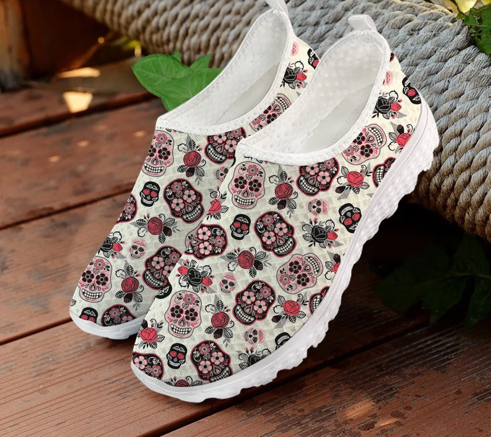 

INSTANTARTS Floral Sugar Skull Pattern Mesh Flat Shoes for Women Outdoor Walk Sneaker Slip on Loafers Shoe Lady Lazy Shoe Casual