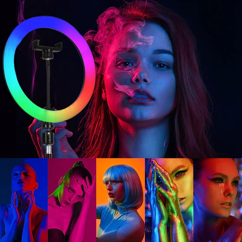 selfie RGB ring light lamp with tripod 26 cm + different length LED Round Lamps USB With Phone Holder Makeup Photography | Электроника