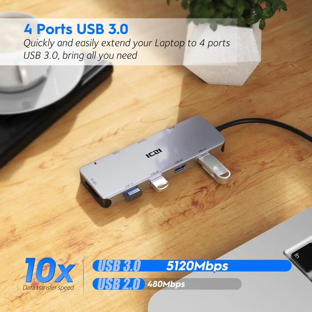 ICZI 10 в 1 USB C концентратор типа C до 4K HDMI VGA USB 3,0 кардридер Ethernet RJ45 преобразователь питания для MacBook samsung S10 S9 Huawei P30 P20 Mate 10 20