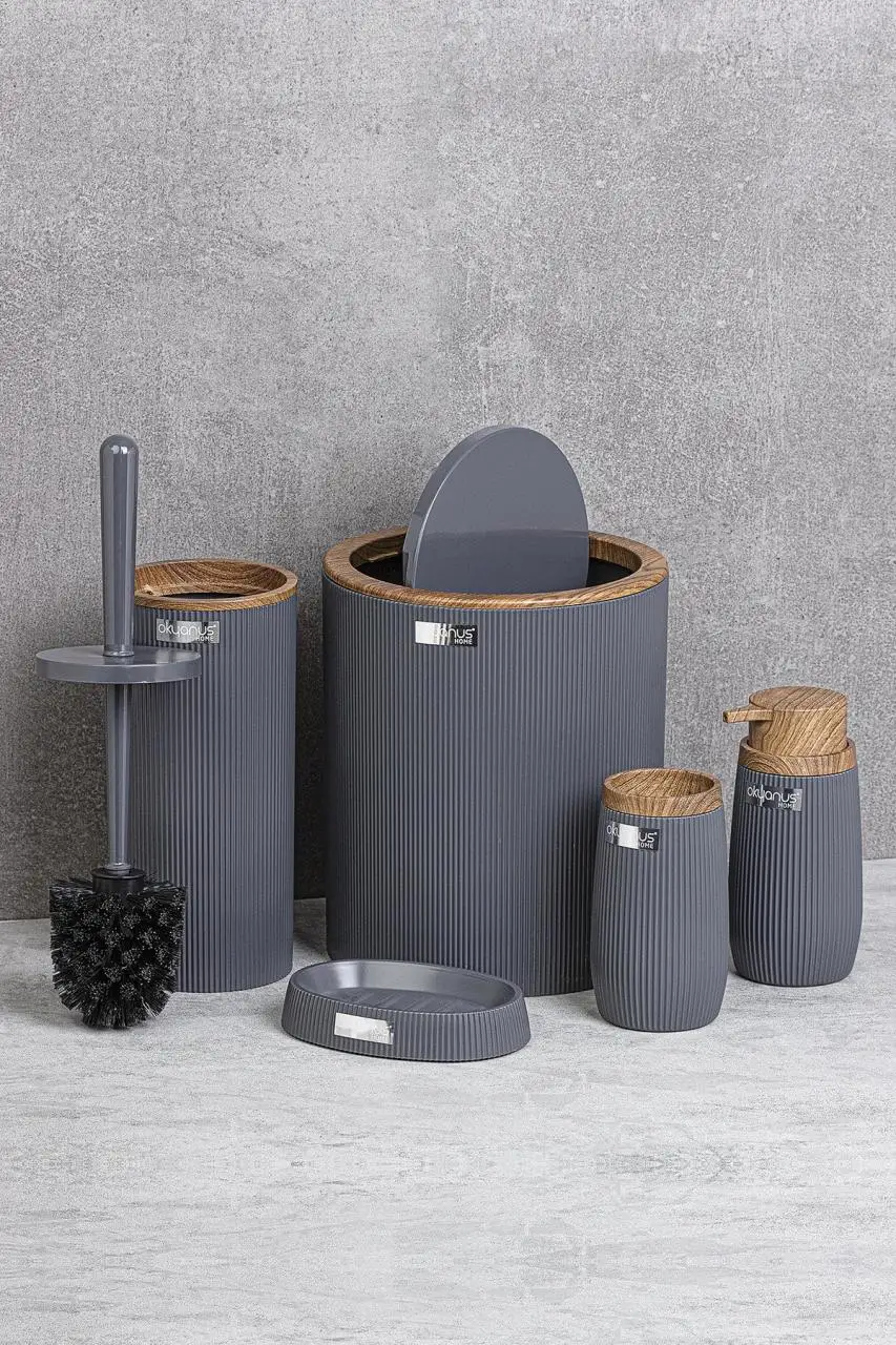 oceanland wooden striped round 5 piece bathroom set toilet brush dispenser dustbin hard plastic free global shipping