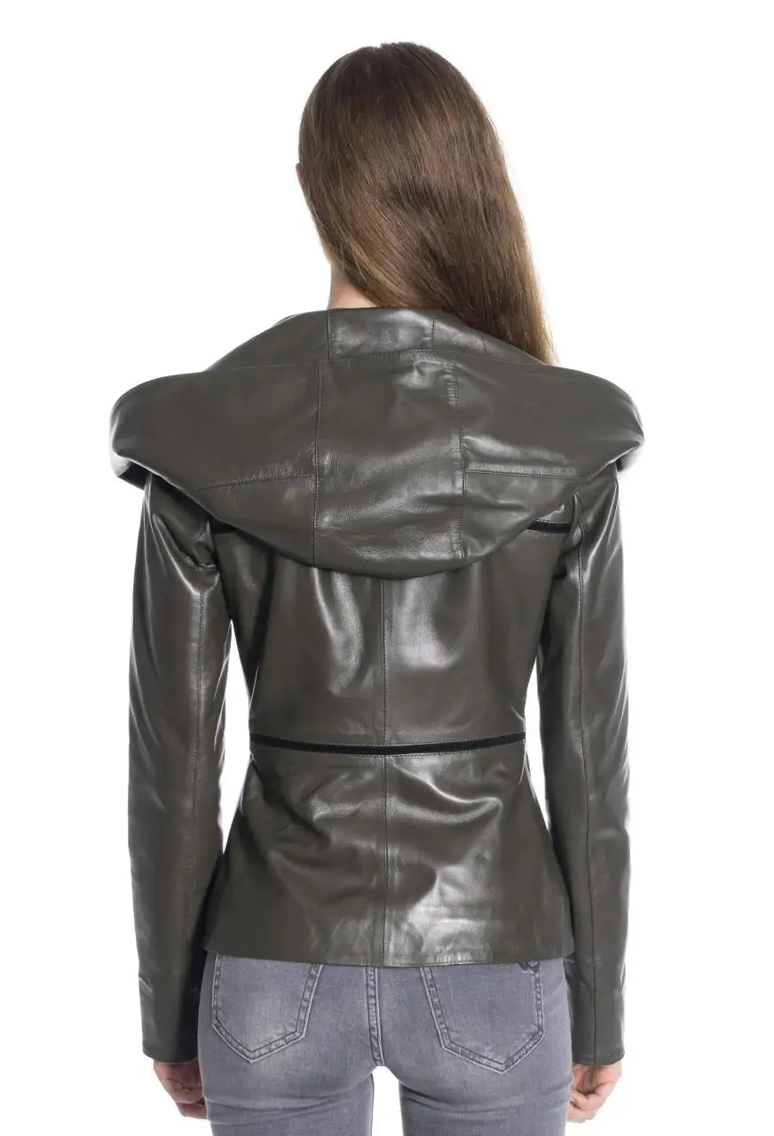 Women Leather Jacket Genuine Real Leather Jacket leather Coat lambskin coat Female Jacket hooded leather jacket Women's khaki