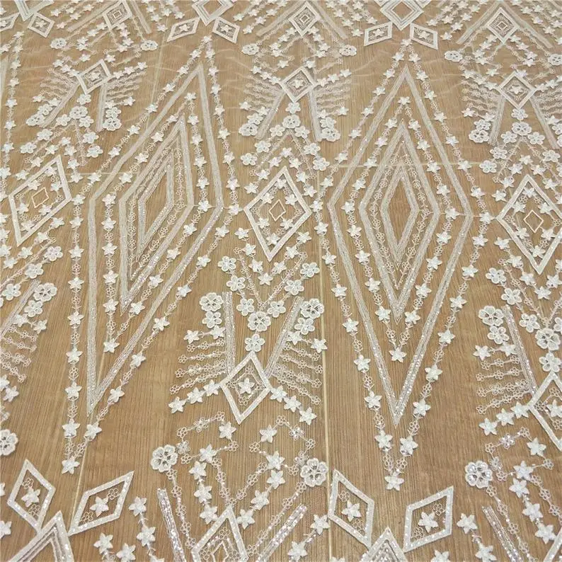 

Stars Fabric, Off White Geometric Mesh Lace Fabric, Sequined Stars Tulle Fabric, Wedding Dress Fabric 51" Width 1 Yard