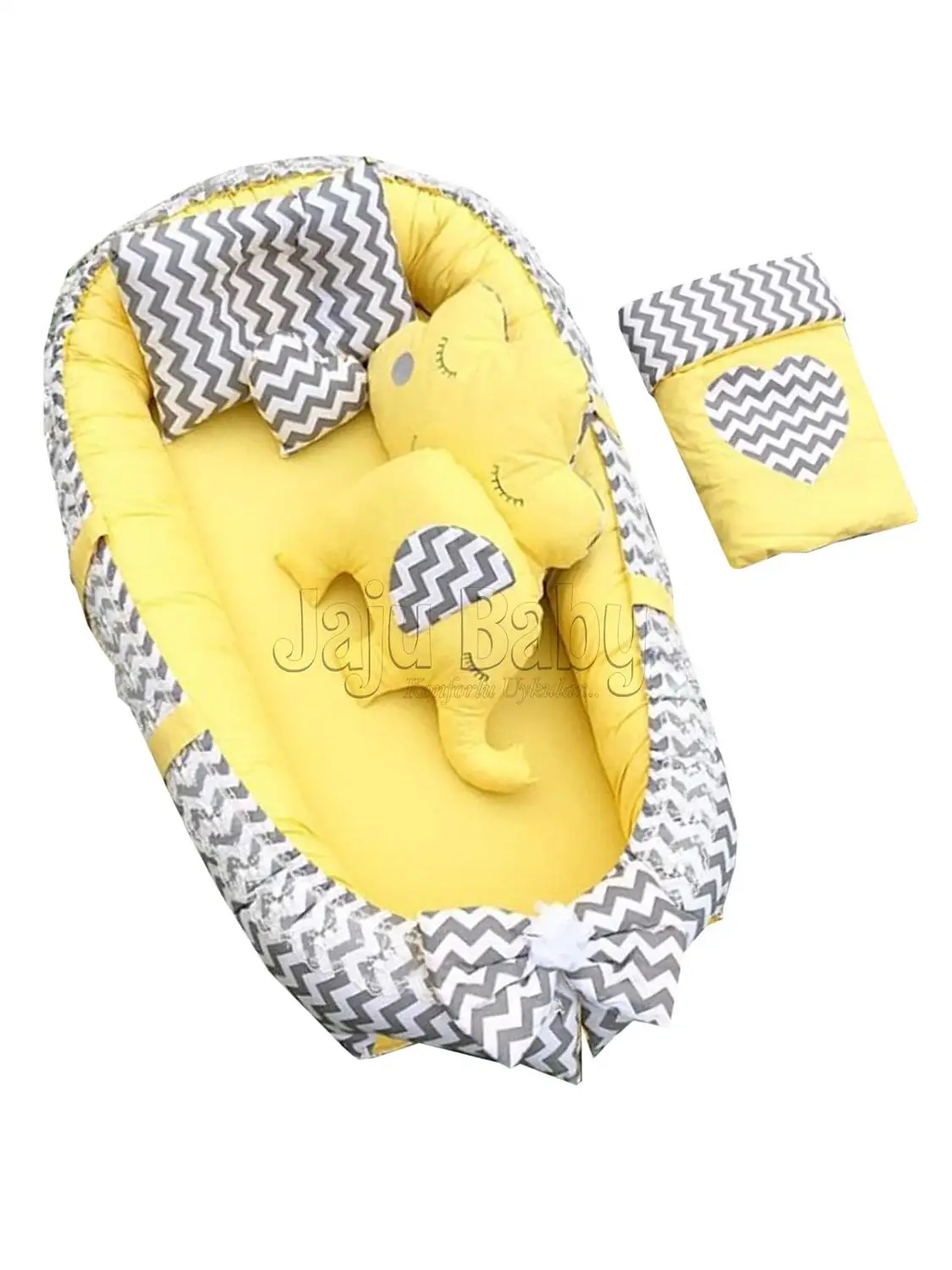 Jaju Baby Handmade Gray Zigzag and Yellow Pattern 6 Piece Orthopedic Babynest Set Baby Bed, Mother's Side Portable Baby Bed