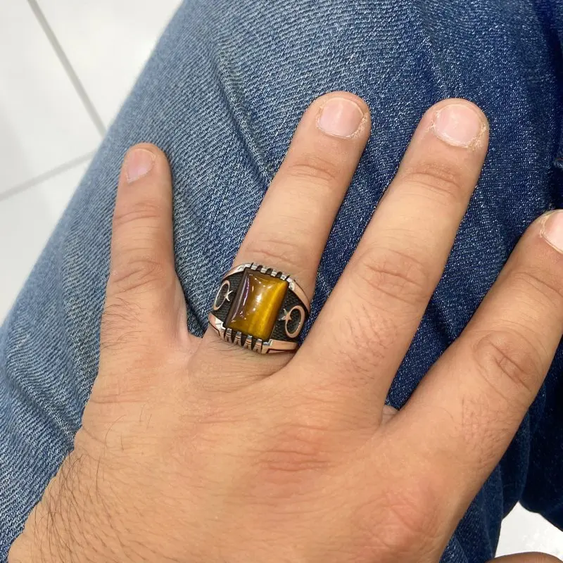

Baguette Cut Tiger 'S Eye Gemstone Moon Star 925 Silver Men 'S Ring