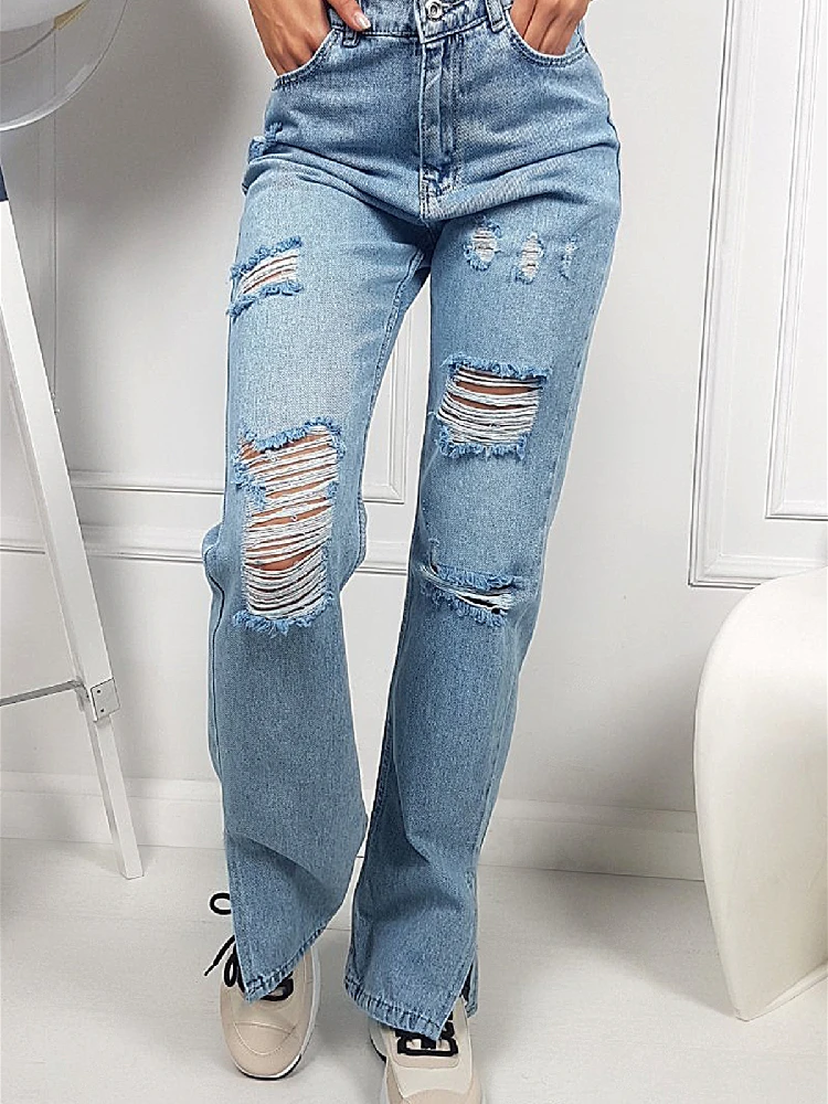 Straight Ripped Jeans Women High Waisted Jeans Pants Distressed Slit Hem Casual Streetwear Washed Summer Denim Trousers 2022