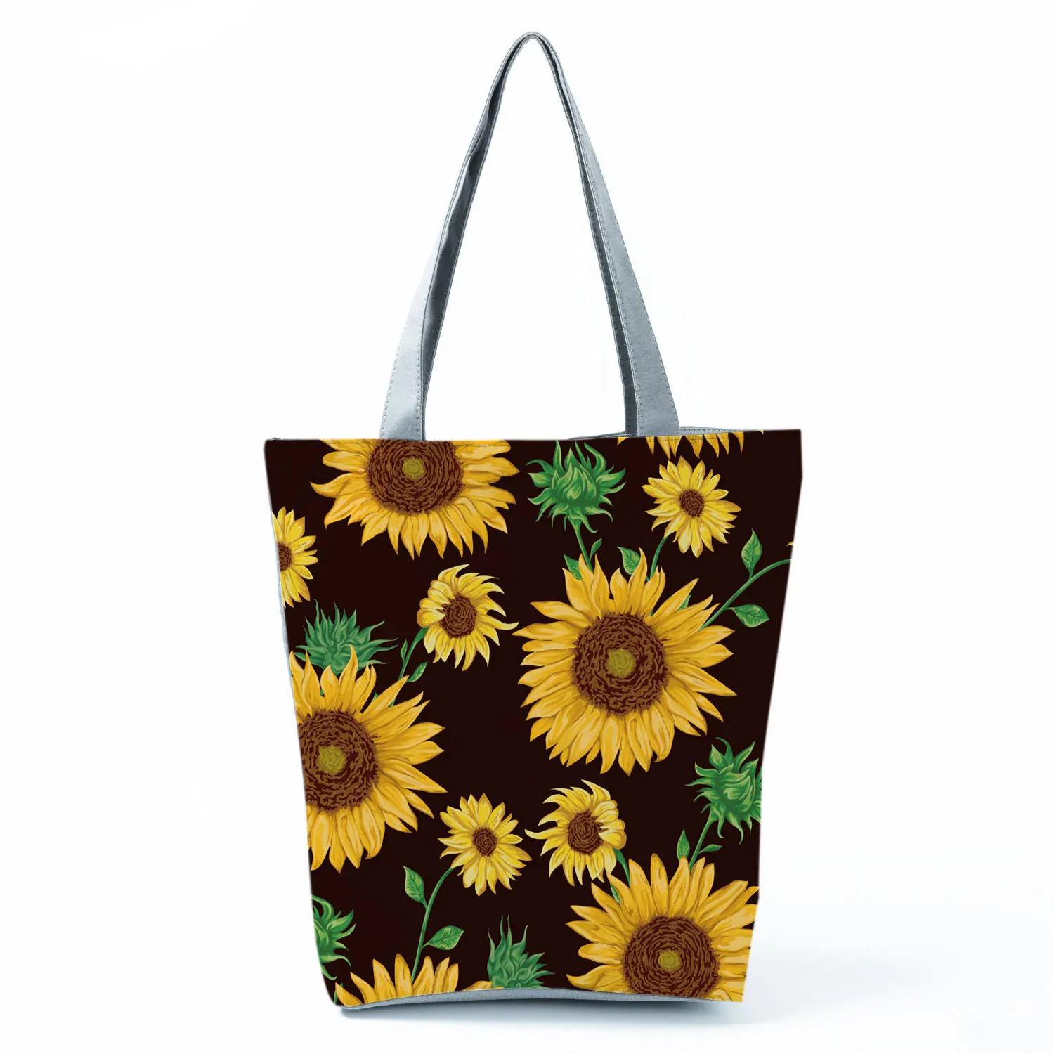 

Sunflower Pattern Printed Black Handbags for Women Floral Simple Eco Friendly Shoulder Bag High Capacity Portable Shopping Bag