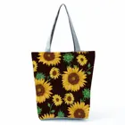 Черные сумки с принтом подсолнуха для женщин, простая Экологически чистая сумка через плечо с цветочным принтом, вместительная Портативная сумка для покупок