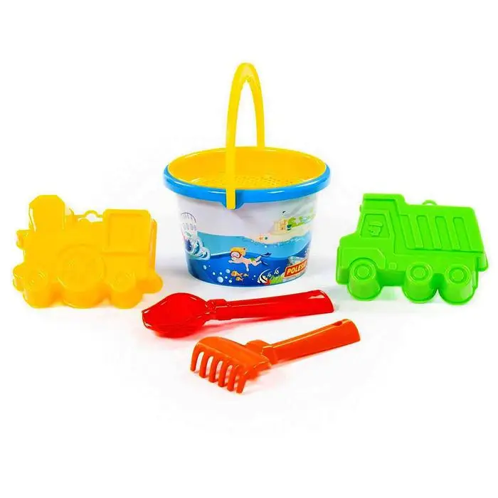 Набор песочный №252 ведро среднее с наклейкой ситечко совок грабельки формочки |