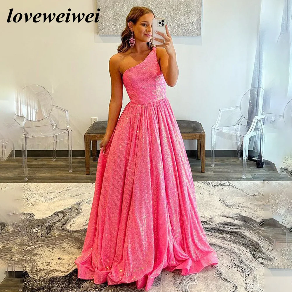 

Blush One Shoulder Glitter Party Dress Court Train Evening Gwon Elegant Prom Dress With Sequin Long Evening Dress Robe Soiree