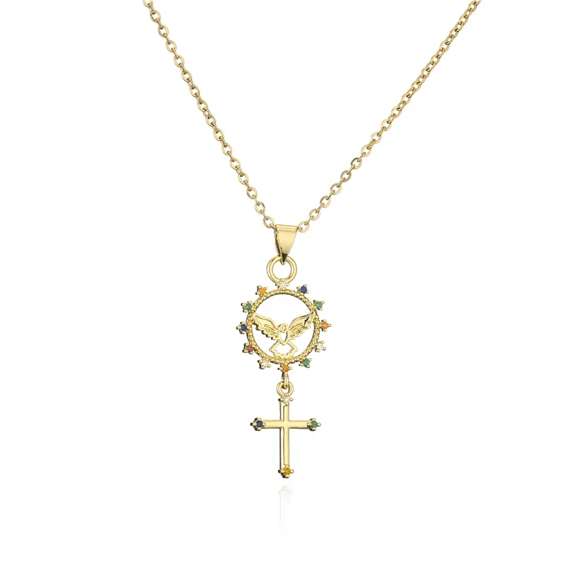 

High Quality Cross Angel Geometry Hollow Pendant Necklace For Women Inlaid with Zircon Copper Women's Necklace Jewelry Gift New