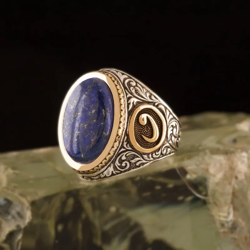 

925 Sterling Lapis Stone Vav Patterned Silver Ring Fashion Turkish Premium Quality Handmade Jawelery
