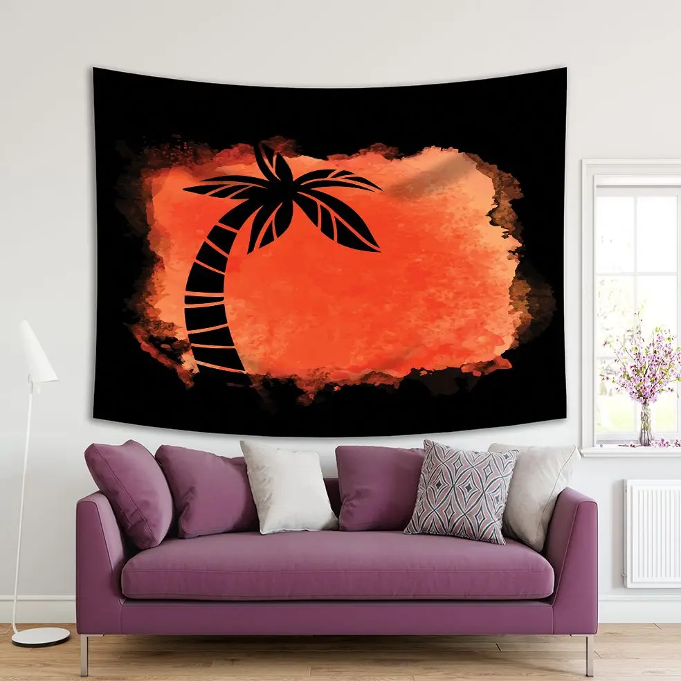 

Tapestry Coconut Palm Tree and Ocean Tropical Island Summer Beach Watercolor Painting Artwork Black Red