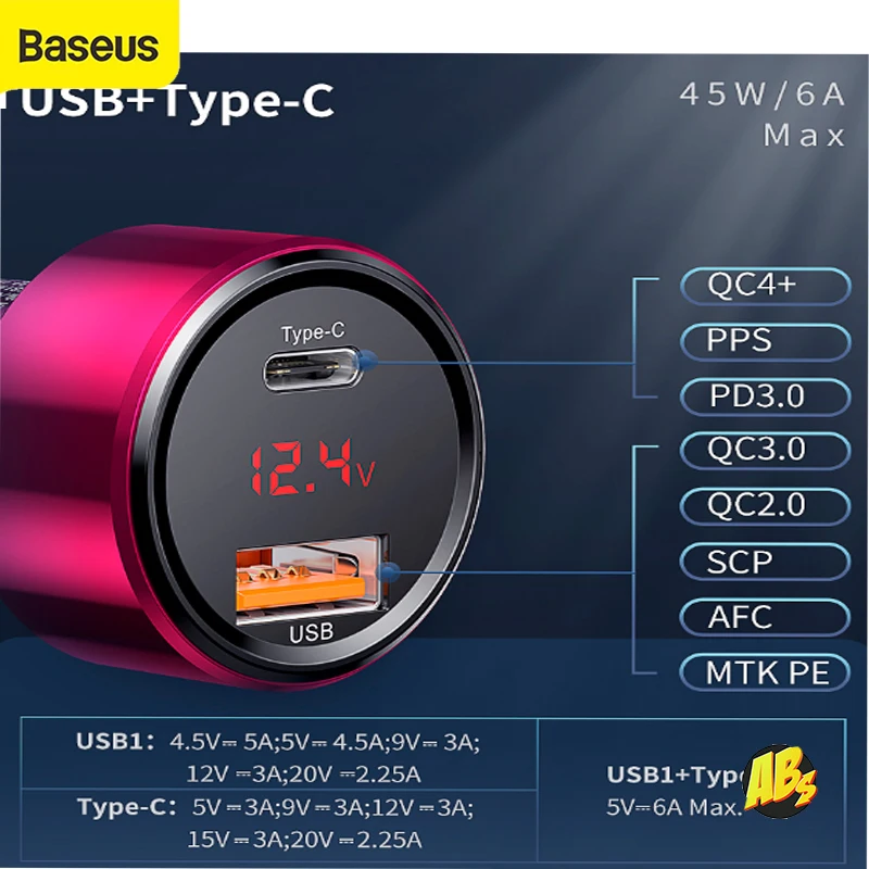 Baseus автомобильный зарядный адаптер 6А 45Вт USB A - C Magic Series Dual ЗУ зарядка устройство