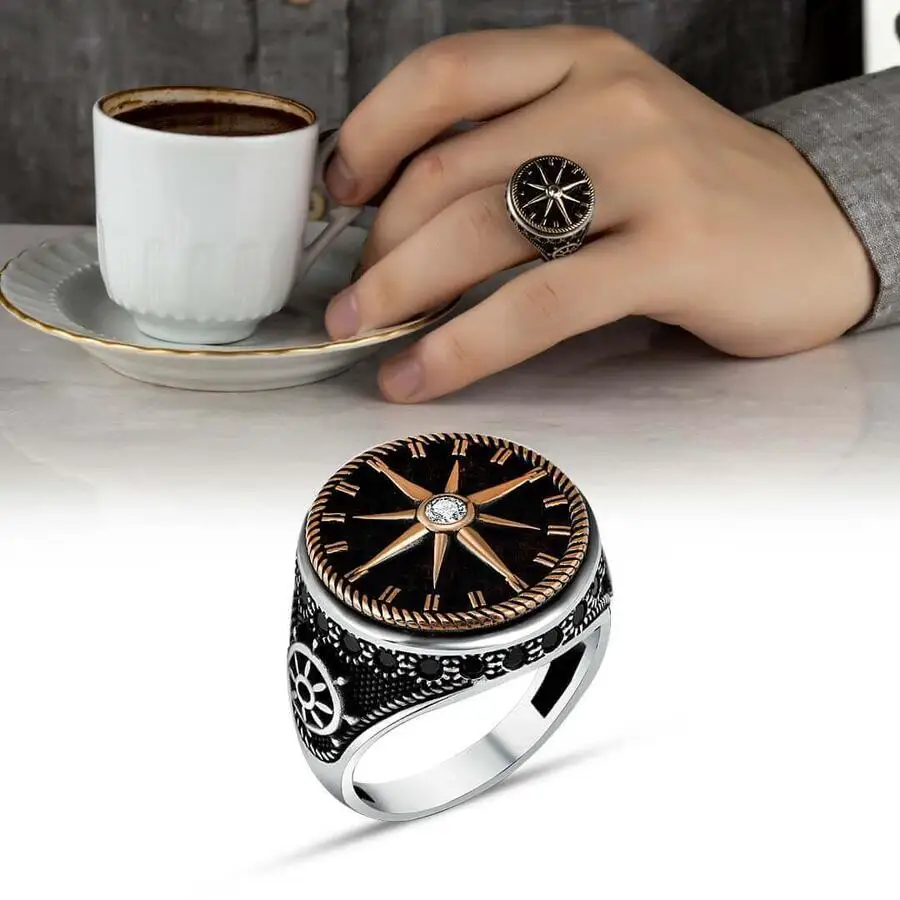 Bague en argent regardé 925 avec pierre blanche pour homme, motif de montre au gouvernail, boussole, fabriquée en Turquie, solide 2