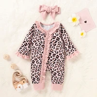 baby girls romper cotton newborn infant baby flare sleeve leopard printed jumpsuit romperheadbands newborn baby clothes