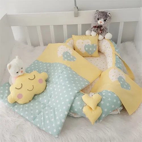 Jaju Baby Handmade Green Star Yellow Design Orthopedic Lux Babynest Baby 5 Pieces Bed Set Mother Side Portable Baby Bed