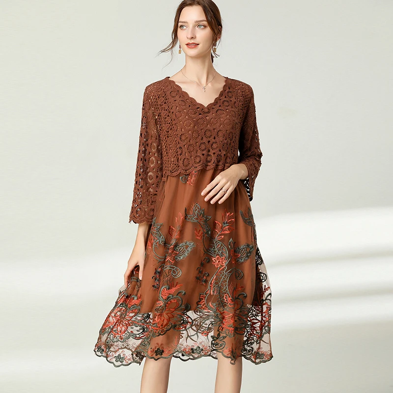Spring Autumn New Fashion Loose Dresses Lace Hollow Out Patchwork Elegant Dress Long Sleeve V Neck Embroidery High-end Dress