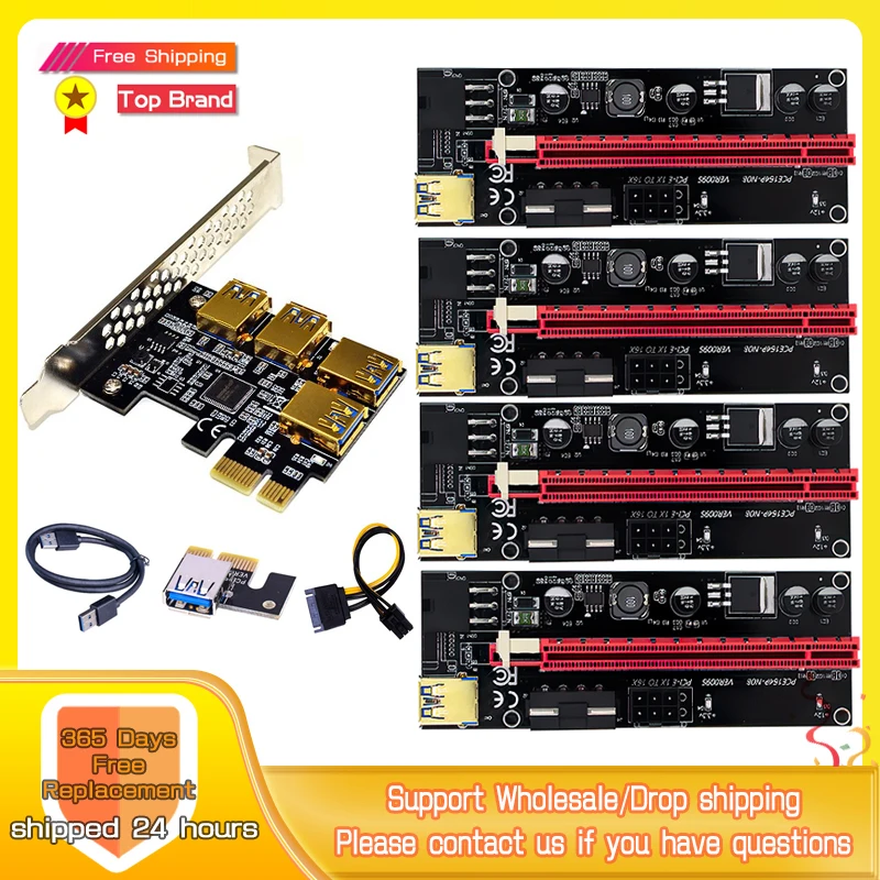

4 шт., Райзер PCI-E экспресс, 1x до 16x009S, Райзер-адаптер PCIE с 1 на 4 слота, PCIe-порт, множитель карты для майнинга биткоинов, Майнер BTC