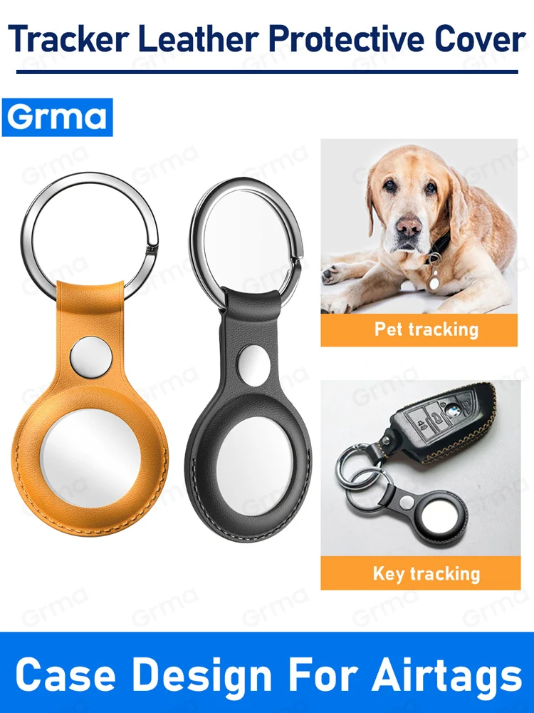 

GRMA Luxury Leather Protective Cover for AirTags Location Tracker Anti-lost Device With Keychain Sleeve for AirTag Tracker Case