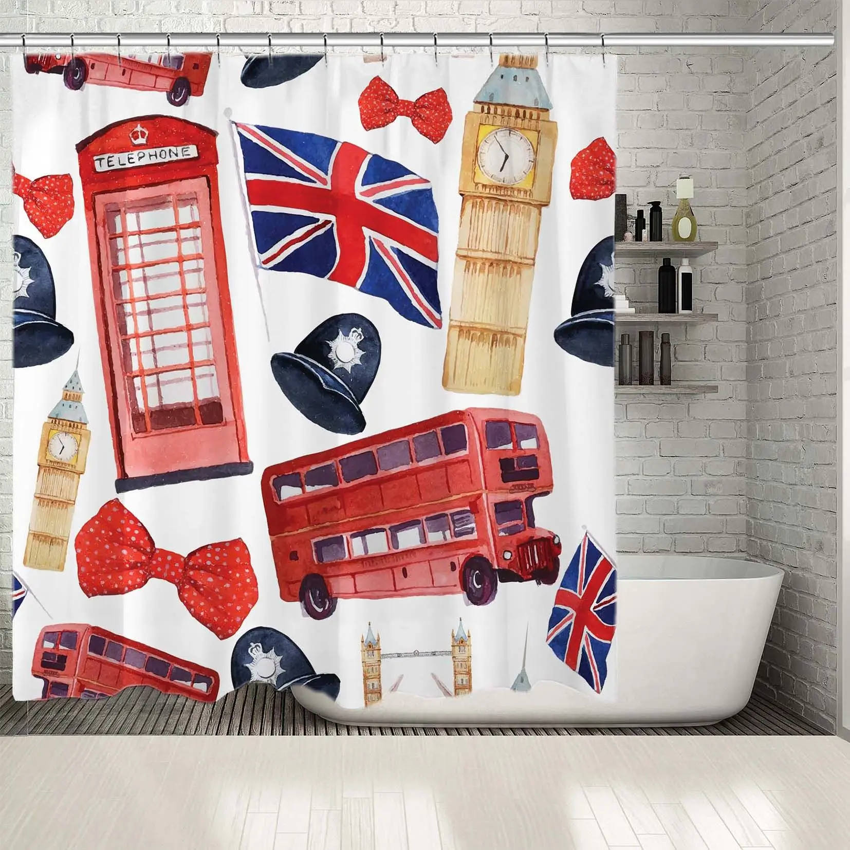 Занавеска для душа Лондонский тематический арт с красной будкой телефона Биг Бен