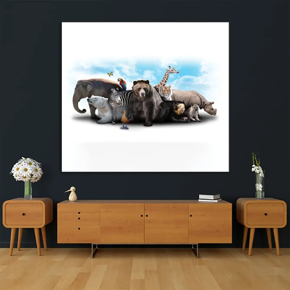 Гобелен слон Зебра медведь и носорог дикая природа животные пасмурное небо