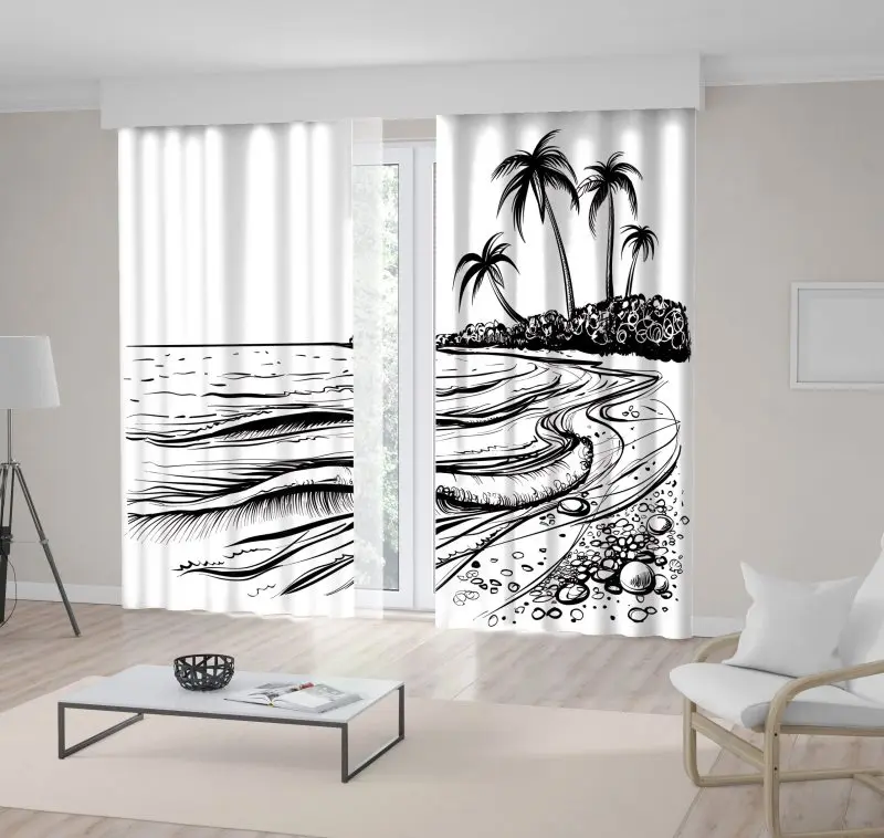 Занавеска с морскими волнами и пальмами вид на море иллюстрация черно-белый