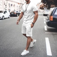 mens short sleeve sport suit summer man t shirt set 2 piece male basketball casual sports fitness sportswear solid mens suit