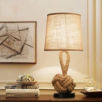 vintage rope table lamp rustic home bedside lamp american retro night light linen fabric lampshade e27 led 5w bulb