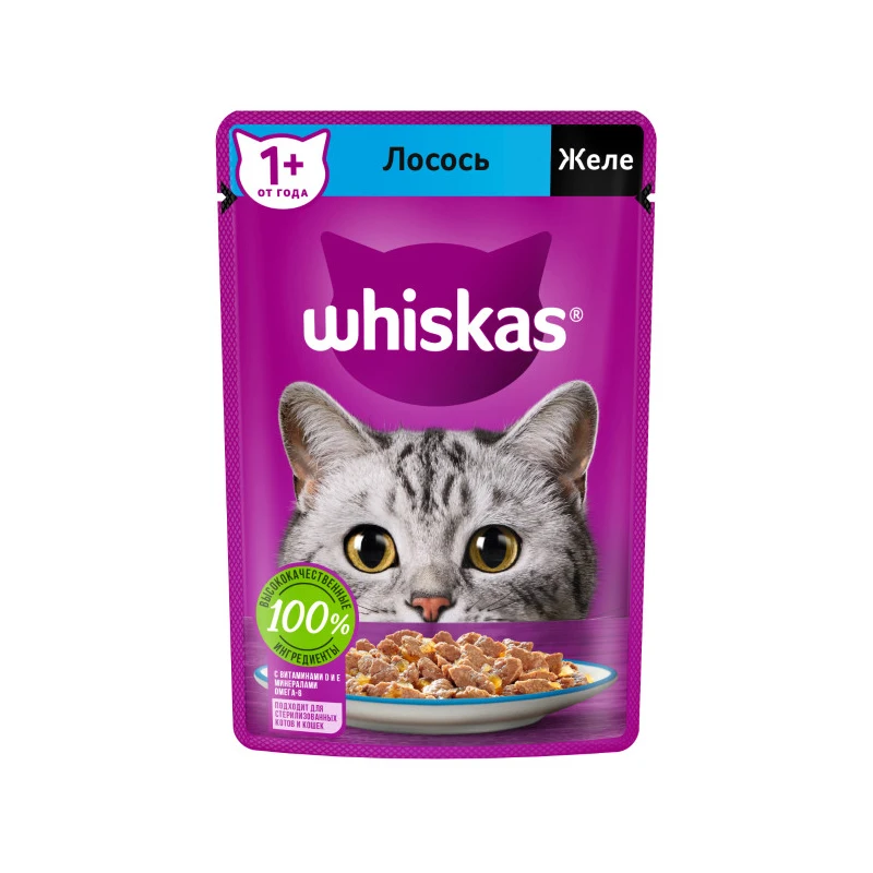 Корм для кошек Whiskas желе с лососем (28 шт по 75 г)|Кошачий мягкий корм| |