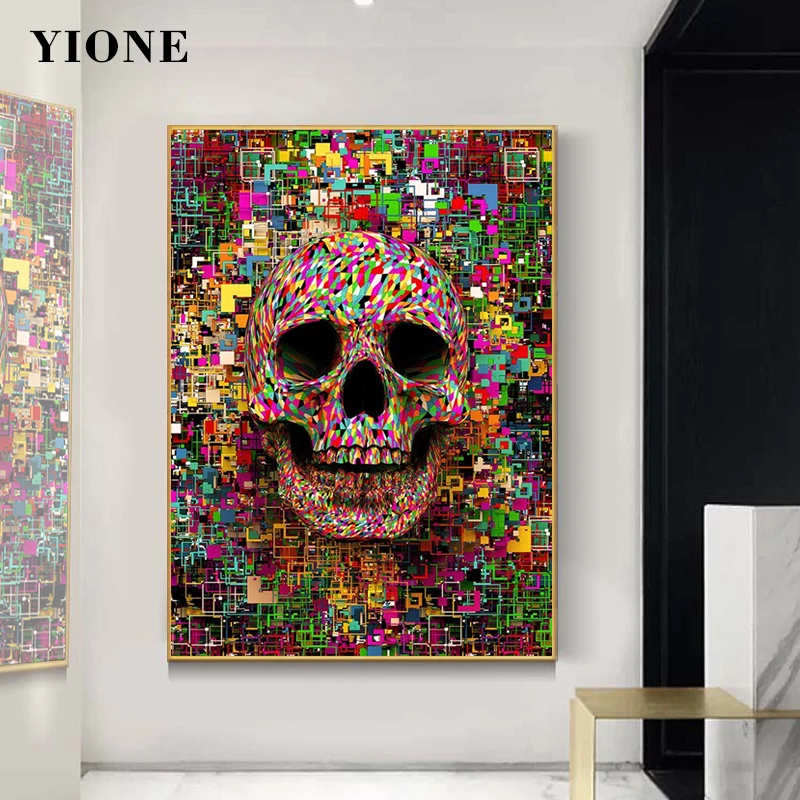 

Abstract Colorful Geometric Blocks Skull Canvas Painting Modern Art Skeleton Wall Art Poster Print Picture for Living Room Decor