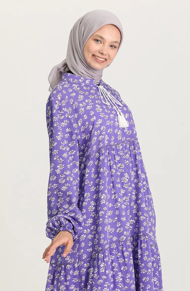 

Daisy Pattern Dress Patterned Unlined Floral Long Sleeve Zero Collar Rope Detail Seasonal Women Muslim Fashion Hijab clothing